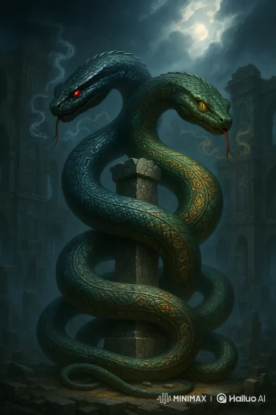 Mystical Two-Headed Serpent Dance in Ancient Ruins – AI Generated Video | Hailuo AI