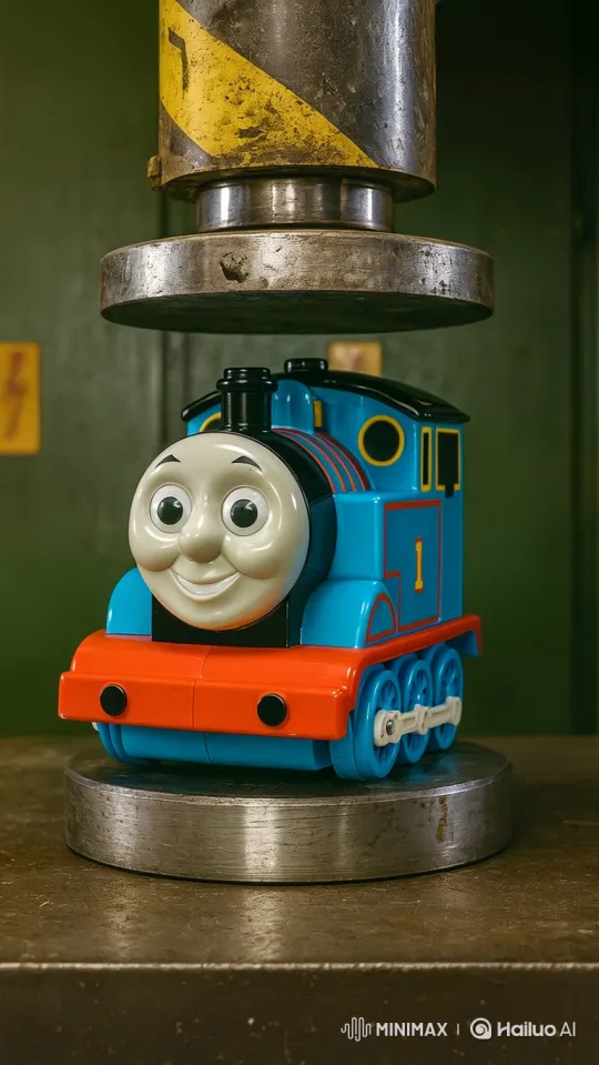 Edible Toy Train Destroyed by Hydraulic Press – AI Generated Video | Hailuo AI