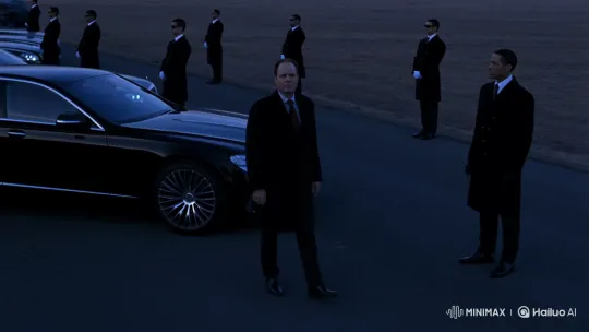 Authority Figure and Guarded Convoy on Empty Dusk Road – AI Generated Video | Hailuo AI