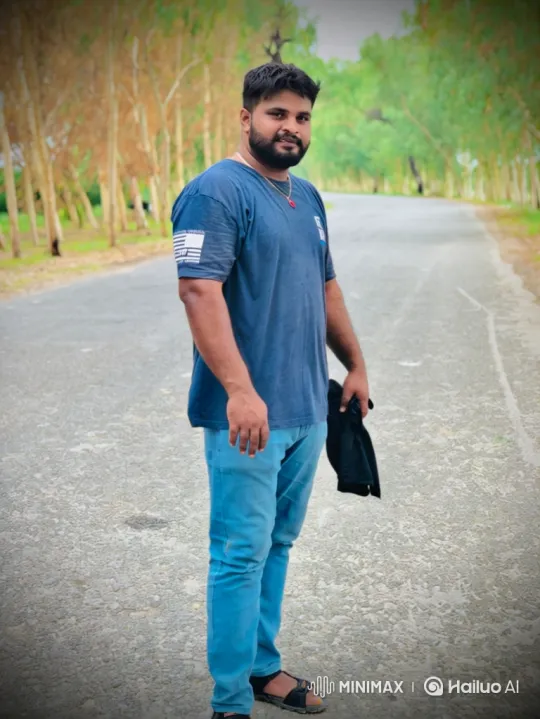 Man in Blue Shirt Stands Calmly on Paved Road – AI Generated Video | Hailuo AI