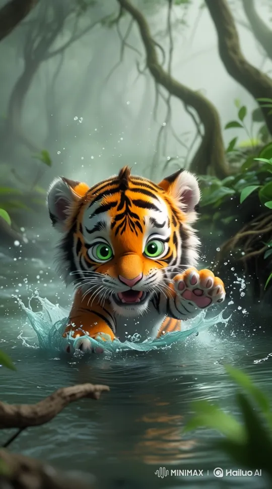 Struggling Tiger Cub Adrift in Jungle River – AI Generated Video | Hailuo AI