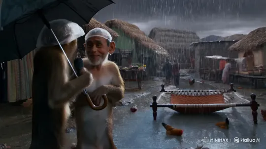 Monkey Reporter Interviews Elderly Man on Rain's Impact – AI Generated Video | Hailuo AI