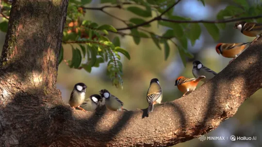 Miniature Birds Engage in Playful Activities on Tree Branch – AI Generated Video | Hailuo AI