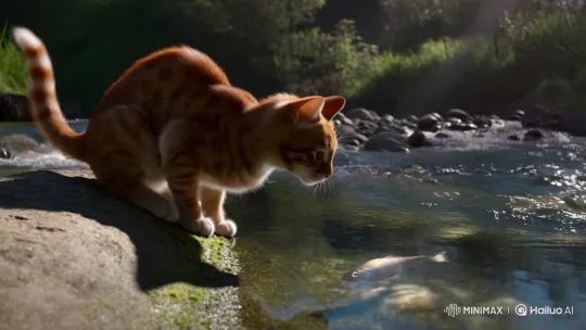 Ginger Tabby Cat Catches Fish by Stream – AI Generated Video | Hailuo AI