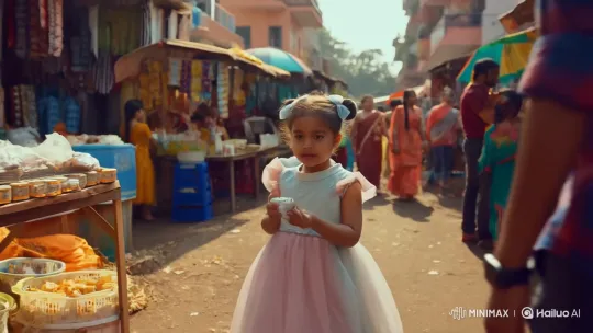Indian Toddler Vlogs in Street Market with Friend – AI Generated Video | Hailuo AI