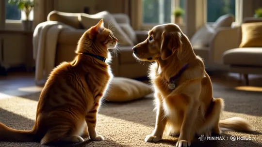 Fluffy Cat and Friendly Dog Share Tender Moment – AI Generated Video | Hailuo AI