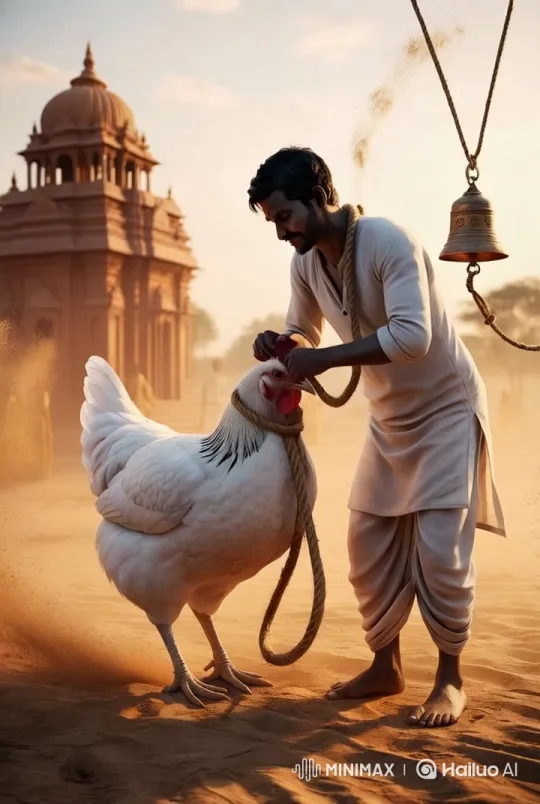 Farmer Gently Ties Hen Amidst Serene Indian Countryside – AI Generated Video | Hailuo AI