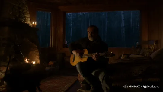 Rustic Night: Forester Plays Guitar Amidst Storm – AI Generated Video | Hailuo AI