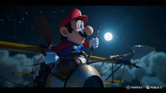 Mario Pilots Biplane, Fires Arrows Under Night Sky – AI Generated Video | Hailuo AI