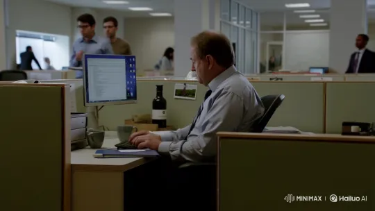 Office Worker Typing and Sipping Coffee – AI Generated Video | Hailuo AI