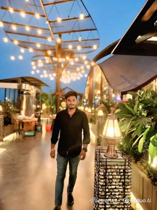 Young Man Enjoying a Stylish Rooftop Restaurant at Dusk – AI Generated Video | Hailuo AI