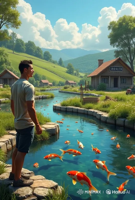 Man Observes Peaceful River Valley with Koi Fish – AI Generated Video | Hailuo AI
