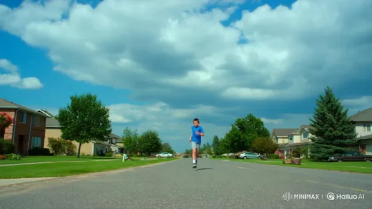 Energetic Boy Running in Suburban Neighborhood – AI Generated Video | Hailuo AI