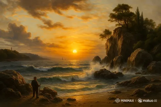 Sunset Serenity: Fisherman, Waves, and Golden Horizon – AI Generated Video | Hailuo AI