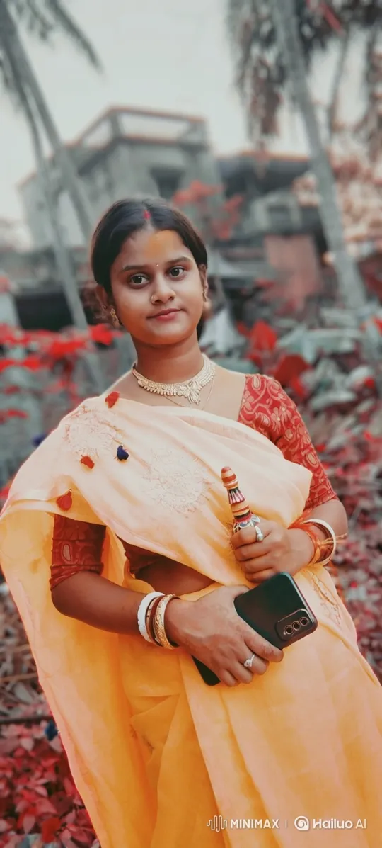 Young Woman in Peach Saree with Smartphone - Close-Up – AI Generated Video | Hailuo AI