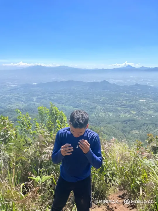 Man Reflects on Expansive Earth from Mountain Peak – AI Generated Video | Hailuo AI
