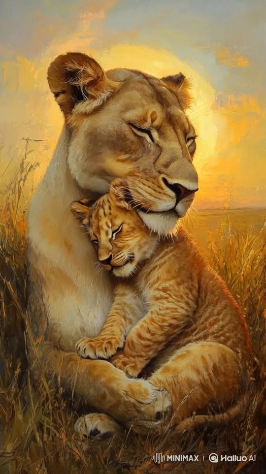 Lioness and Cub Embrace in Morning Glow – AI Generated Video | Hailuo AI