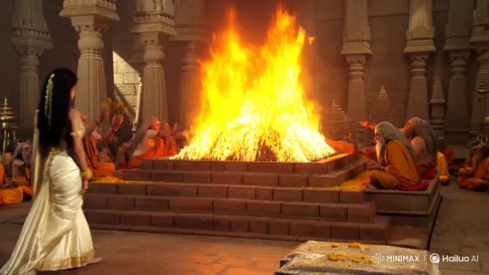 Goddess Sita Undergoes Agni Pariksha in Ancient Temple – AI Generated Video | Hailuo AI