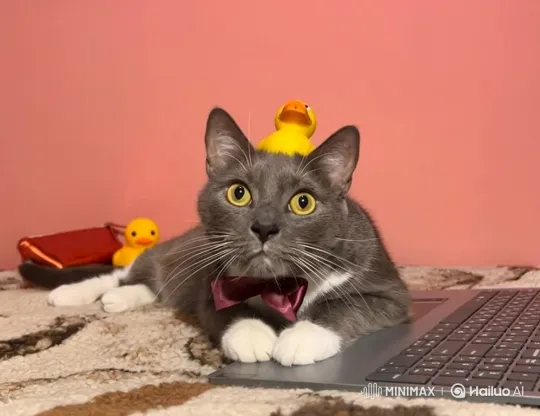 Cat in Bow Tie Escapes Classroom with Toy Duck Trick – AI Generated Video | Hailuo AI