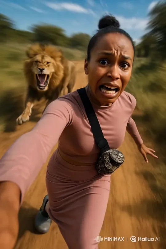 Tourist Flees Lion in Game Park – AI Generated Video | Hailuo AI