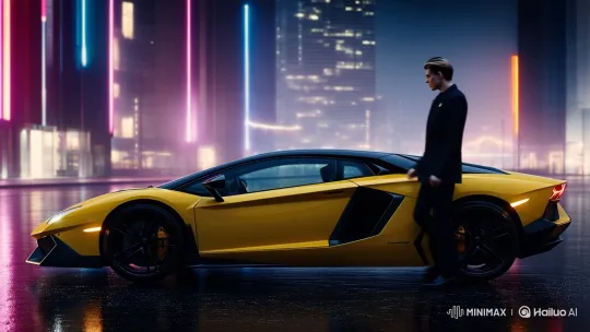 Stylish Person Enters Yellow Lamborghini on Wet City Street – AI Generated Video | Hailuo AI