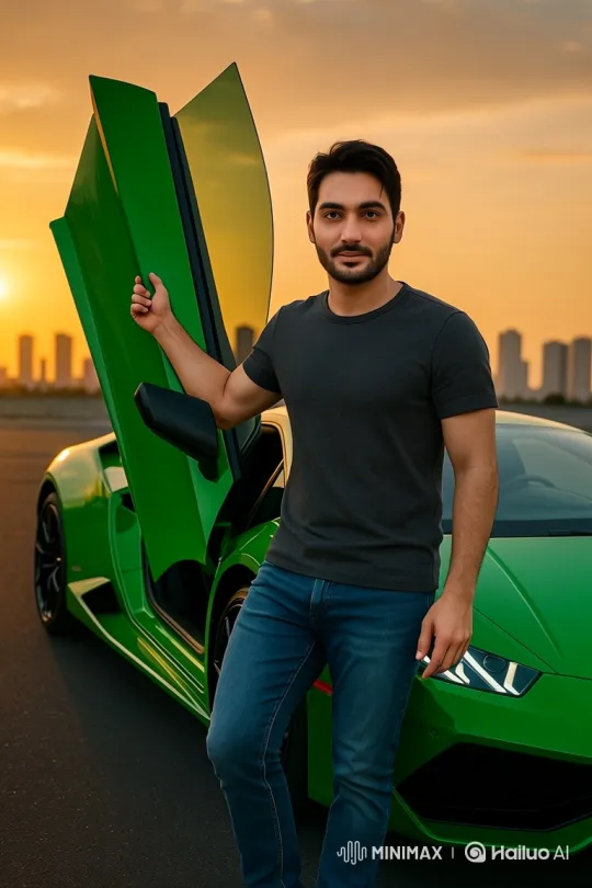 South Asian Man Showcases Luxury Lamborghini at Sunset – AI Generated Video | Hailuo AI