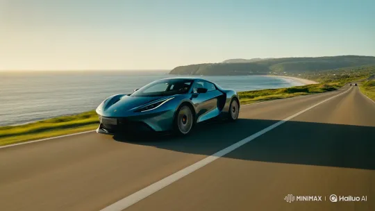 Contemporary Sports Car Glides Along Coastal Road – AI Generated Video | Hailuo AI