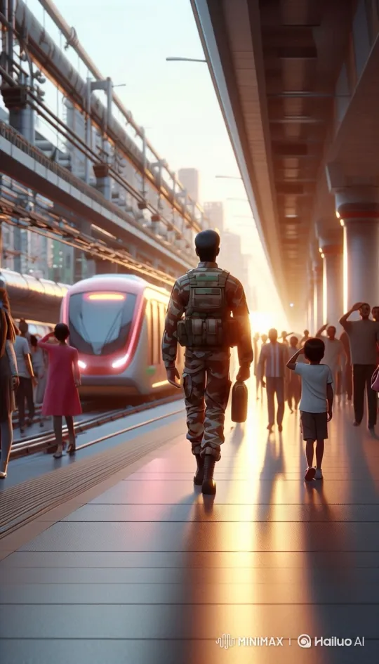 Soldier's Departure on Futuristic Train Platform – AI Generated Video | Hailuo AI