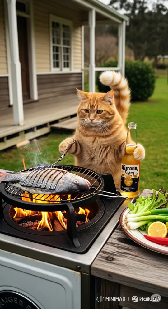 Fluffy Orange Cat Grills Fish and Sips Beer in Backyard – AI Generated Video | Hailuo AI