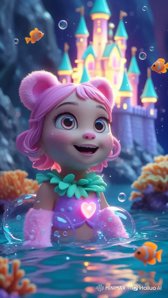 Cute Bear Character Admires Underwater Castle – AI Generated Video | Hailuo AI
