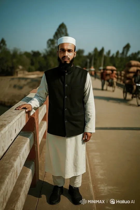 Young Bearded Man in White Tunic Enters Luxury Car on Bridge – AI Generated Video | Hailuo AI