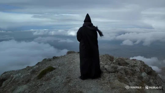 Moroccan Man in Djellaba Reflects on Mountain Peak – AI Generated Video | Hailuo AI