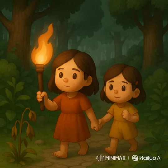 Young Sisters Venture into the Forest with a Torch – AI Generated Video | Hailuo AI