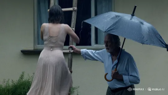 Woman Climbs Ladder in Rain, Elderly Man Shields Her – AI Generated Video | Hailuo AI