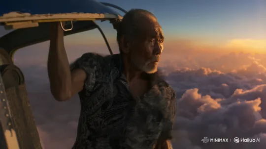 Elderly Man in Batik Panicked at Helicopter Door – AI Generated Video | Hailuo AI