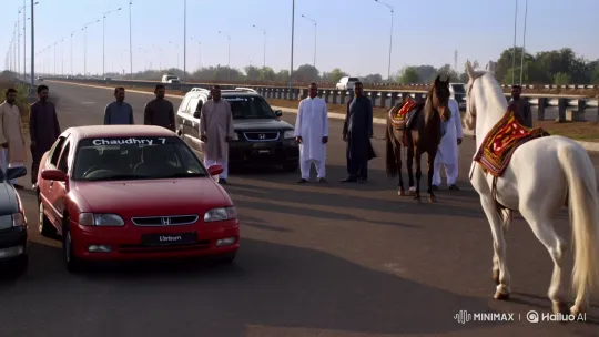 Traditional Men and Decorated Horses by Parked Cars – AI Generated Video | Hailuo AI