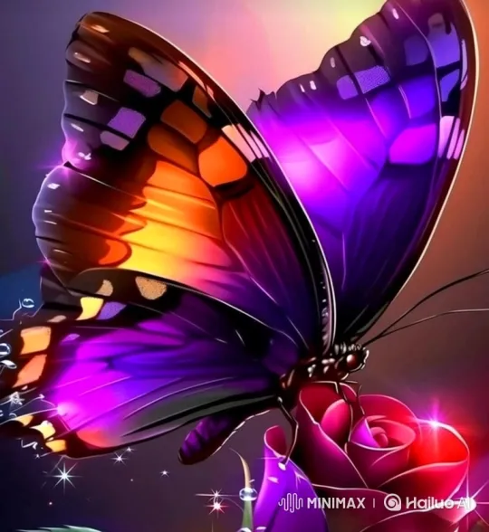 Digital Butterfly Enchants with Colorful Wings Around a Glowing Rose – AI Generated Video | Hailuo AI