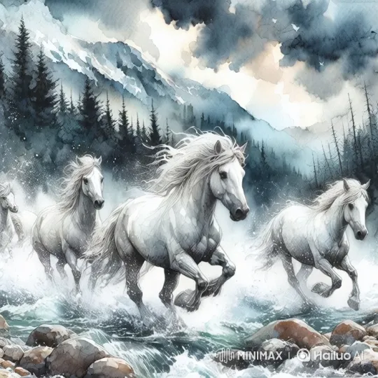 Ethereal Horses Gallop Through Misty Mountain Wilderness – AI Generated Video | Hailuo AI
