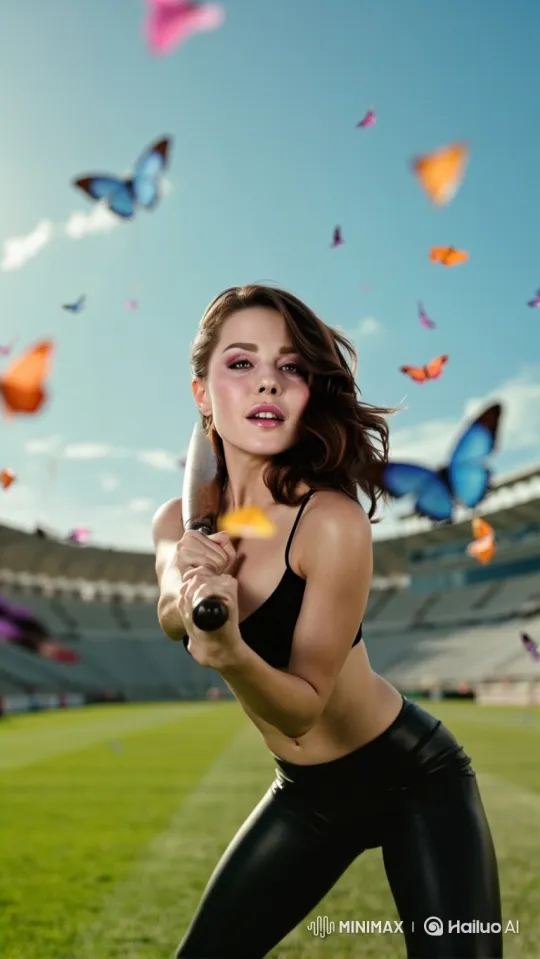 Athletic Woman Poses with Butterflies in Surreal Stadium – AI Generated Video | Hailuo AI