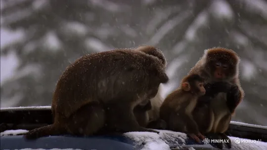Monkeys Celebrate Snowfall on Parked Car – AI Generated Video | Hailuo AI