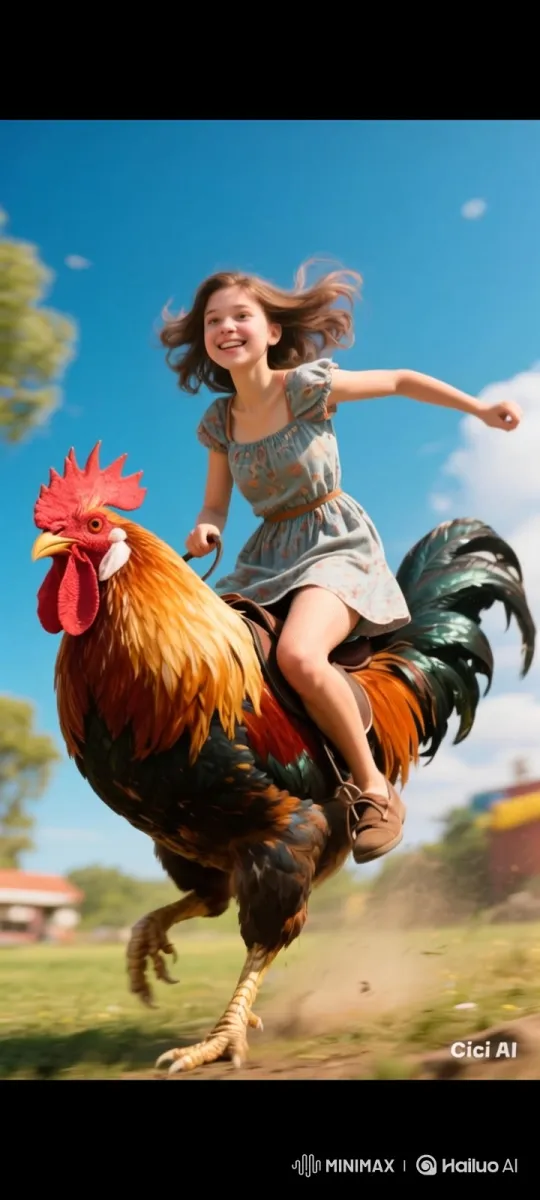 Young Girl Joyfully Rides Giant Colorful Rooster in Sunny Field – AI Generated Video | Hailuo AI