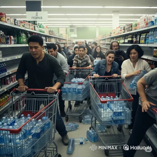 Supermarket Panic: Shoppers Scramble for Scarce Water Bottles – AI Generated Video | Hailuo AI