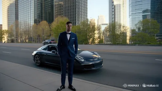 Stylish Man Drives Away in Porsche on City Street – AI Generated Video | Hailuo AI