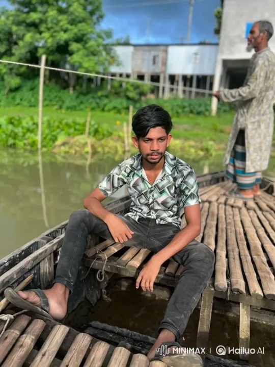 Young Man Ponders on Bamboo Raft Drifting – AI Generated Video | Hailuo AI