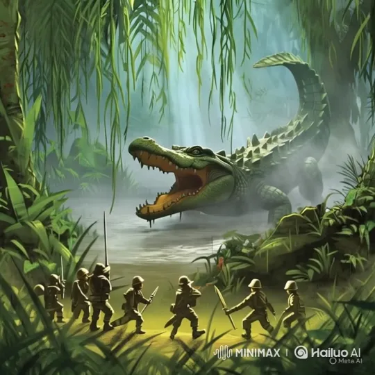 Tiny Soldiers Face Giant Alligator in Swamp Standoff – AI Generated Video | Hailuo AI