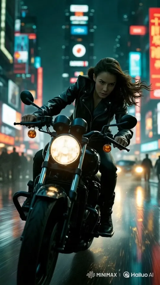 Determined Woman on Motorcycle in Neon City Chase – AI Generated Video | Hailuo AI