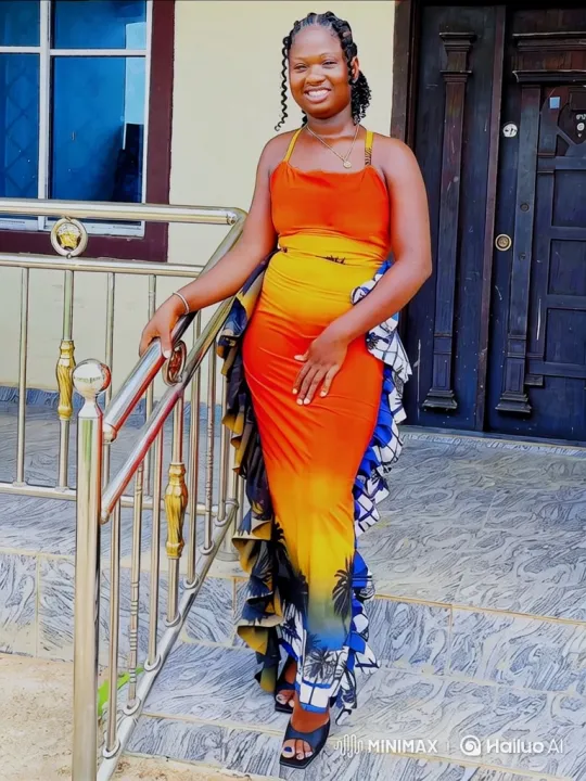 Young Woman in Vibrant Gown on Stairs - Slow Zoom-In – AI Generated Video | Hailuo AI