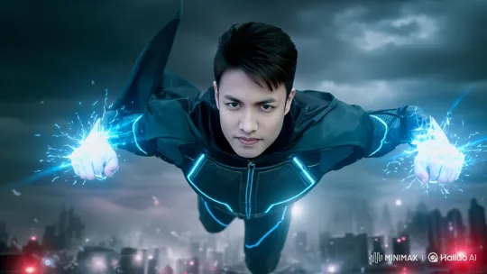 Superhero Soars Through Futuristic City Sky – AI Generated Video | Hailuo AI