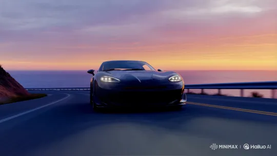 Black Sports Car Cruises Coastal Highway at Sunset – AI Generated Video | Hailuo AI