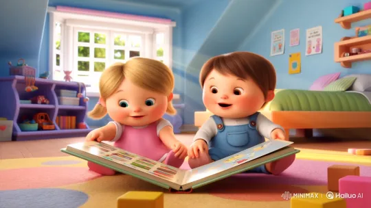 Children Reading Picture Book in Bright Room – AI Generated Video | Hailuo AI